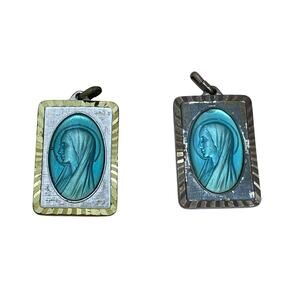 Vintage Lot of 2 Stamped Roma Lady of Lourdes Virgin Mary Blue Necklace Pendants